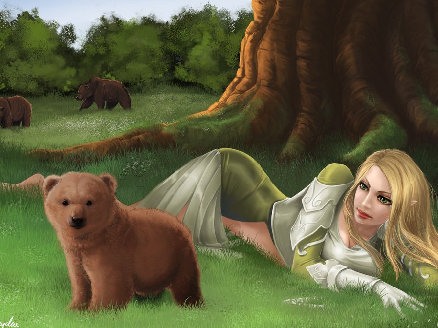 медвежонок с эльфийкой - фэнтези, медвежонок, девушка - оригинал