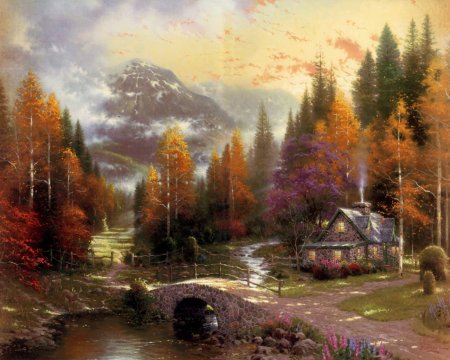 №429735 - природа, деревья, горы, мост, дома, пейзаж, осень, живопись, река - оригинал