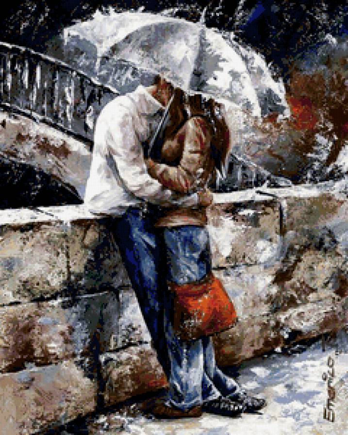 Двое под дождем - картина, дождь, девушка, он и она, живопись, юноша - предпросмотр