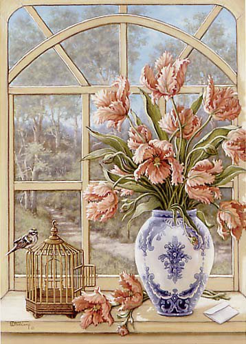 №430250 - пейзаж.природа, птичка, ваза, клетка, цветы.окно - оригинал