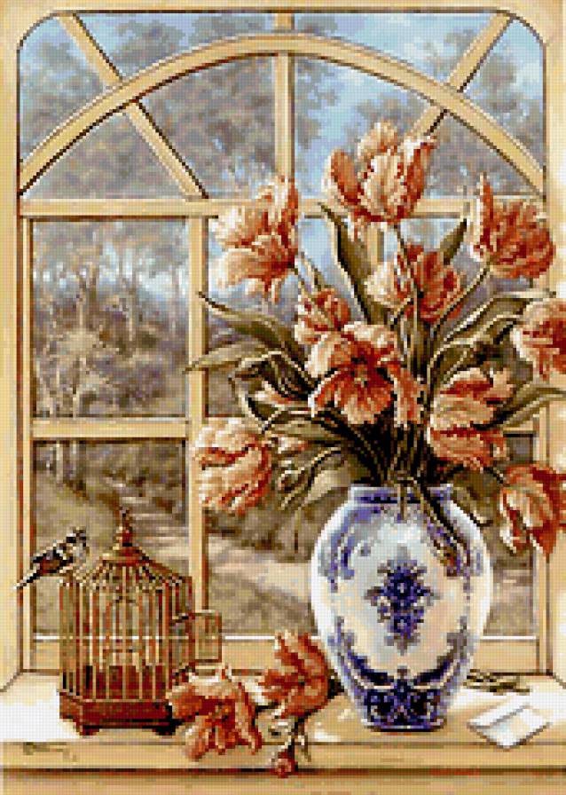 №430250 - цветы.окно, клетка, птичка, ваза, пейзаж.природа - предпросмотр