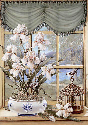 №430263 - ваза, пейзаж, живопись, окно, птичка, клетка, цветы - оригинал