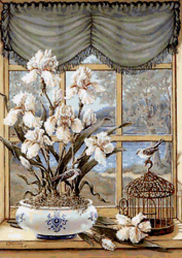 №430263 - живопись, ваза, цветы, окно, птичка, пейзаж, клетка - предпросмотр