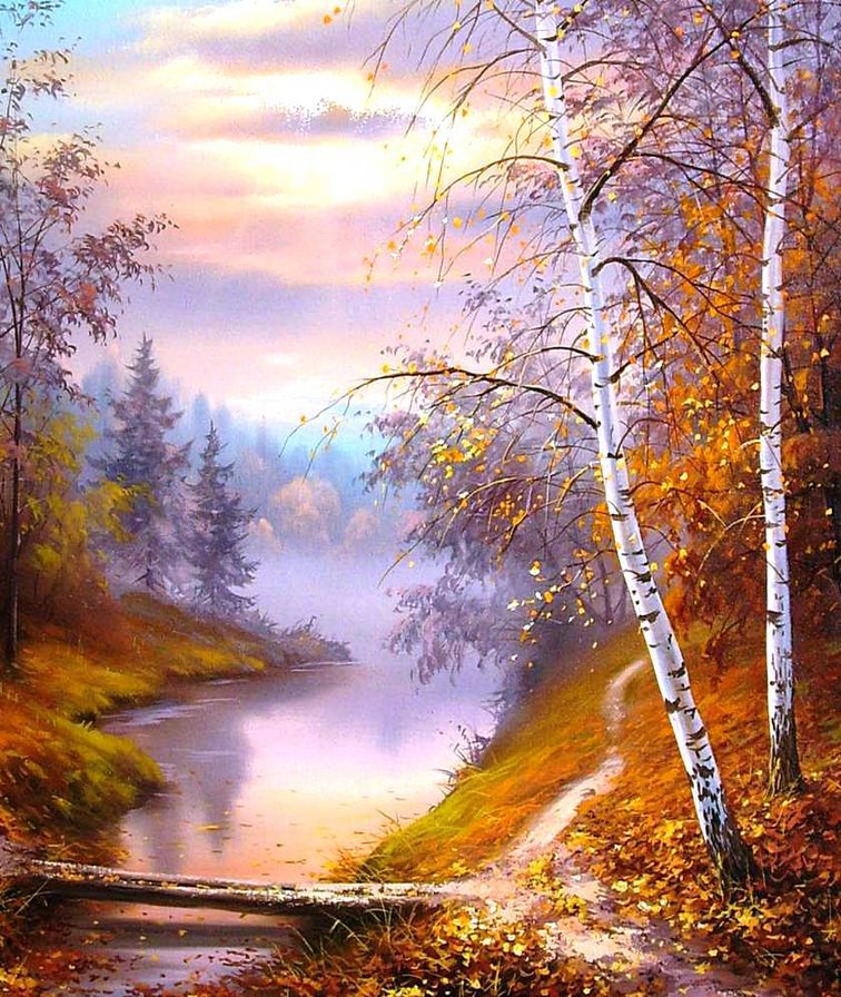 Сиреневый туман - береза, река, осень, лес, пейзаж - оригинал
