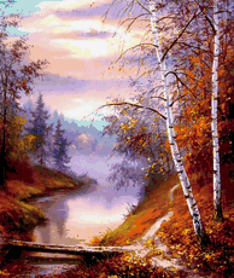 Сиреневый туман - береза, река, осень, лес, пейзаж - предпросмотр