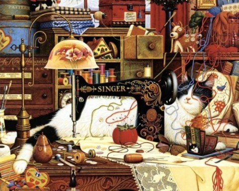 кот и швейная машинка - зингер, уют, кот, нитки, лампа, фурнитура, рукоделие - оригинал