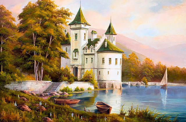 замок у воды - дом, природа, озеро, пейзаж, замок - оригинал