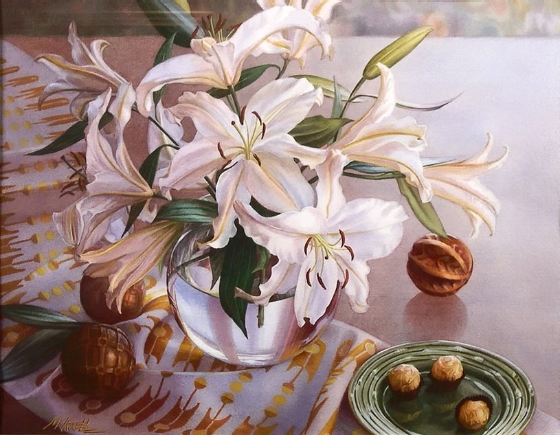 Букет лилий - натюрморт, букет, белые, лилии, цветы - оригинал
