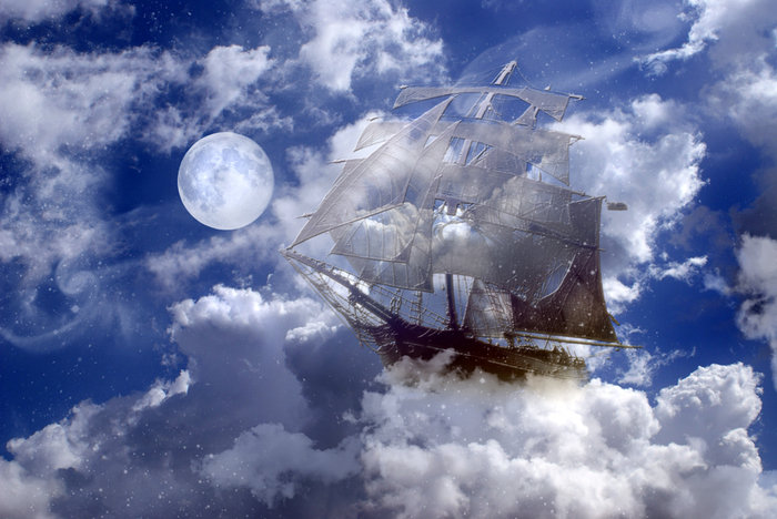 Летучий корабль - луна, небо, корабль - оригинал