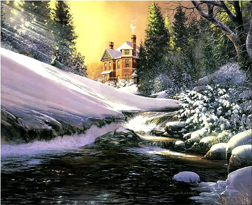 зимний пейзаж - природа, пейзаж, зима, река, дом - оригинал