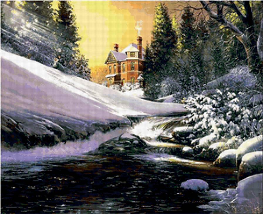 зимний пейзаж - природа, дом, пейзаж, зима, река - предпросмотр