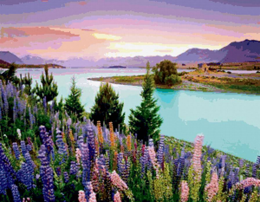 дивное озеро - природа, озеро, цветы, пейзаж, закат - предпросмотр