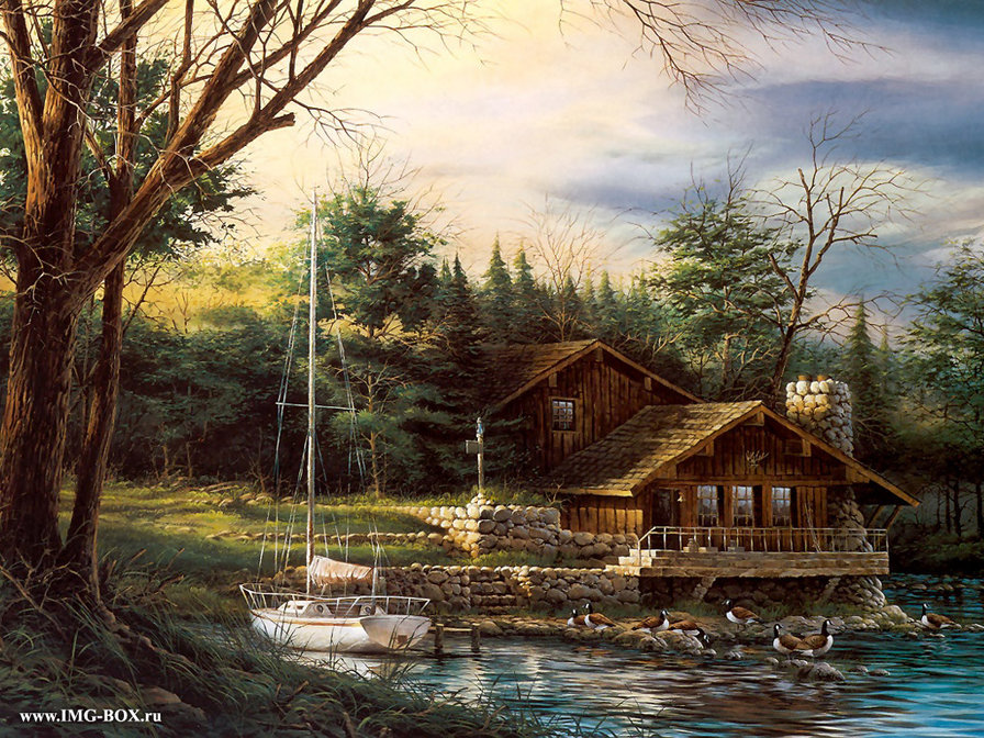 домик у воды - уютный дом, домик, лес, природа - оригинал