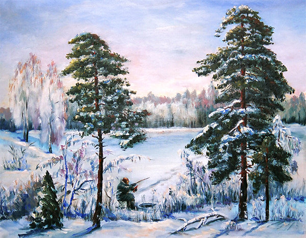 зимняя рыбалка - рыбак., зимний лес, зима, пейзаж - оригинал
