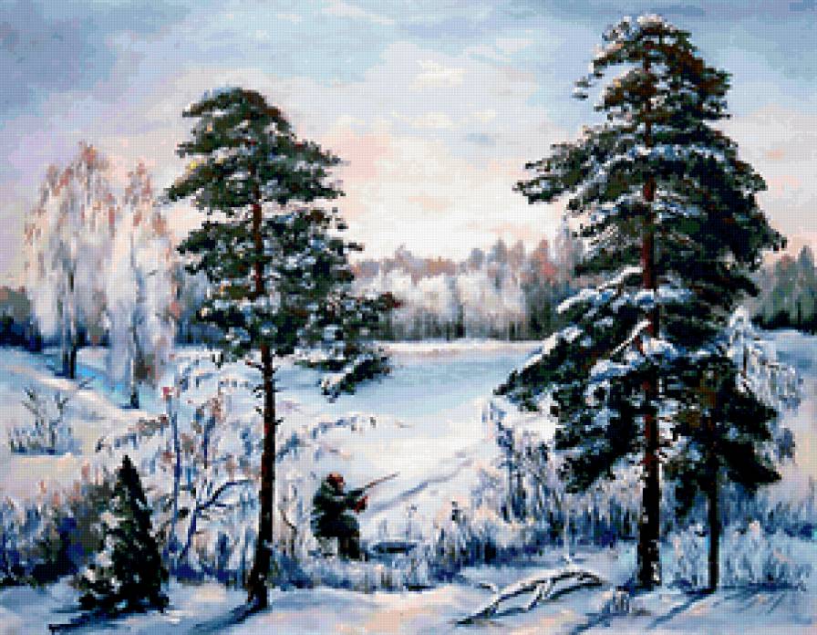 зимняя рыбалка - рыбак., зимний лес, пейзаж, зима - предпросмотр