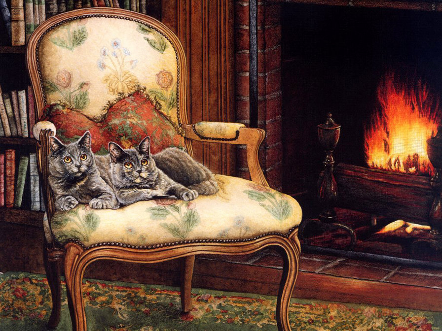 в кресле хозяина - коты, уют, камин, отдых - оригинал