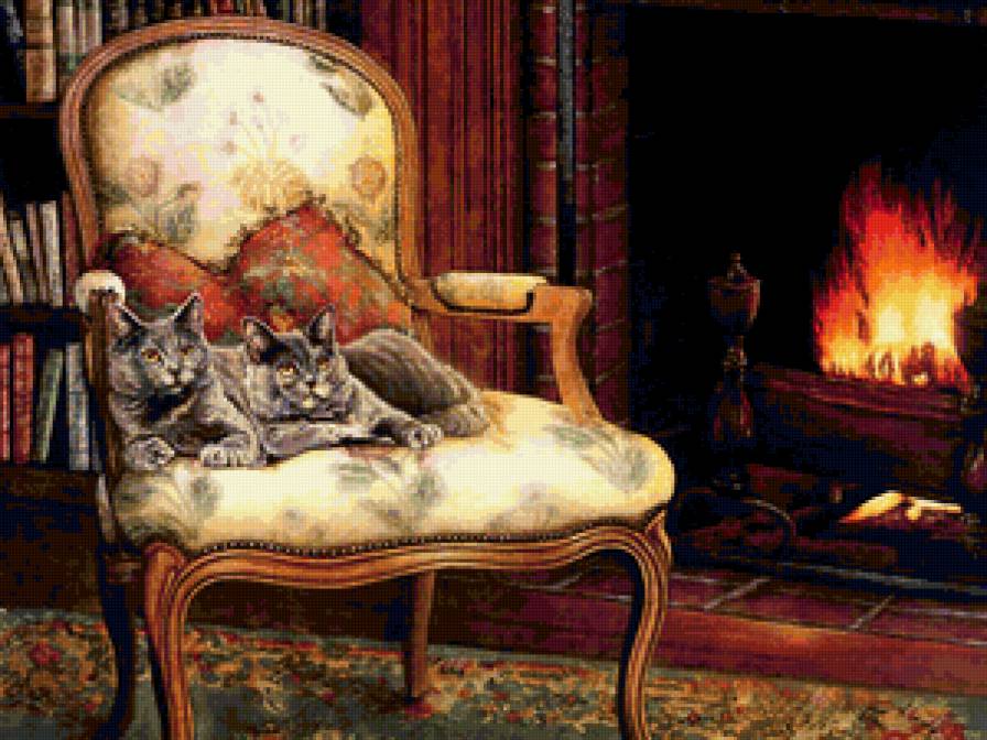 в кресле хозяина - уют, коты, отдых, камин - предпросмотр