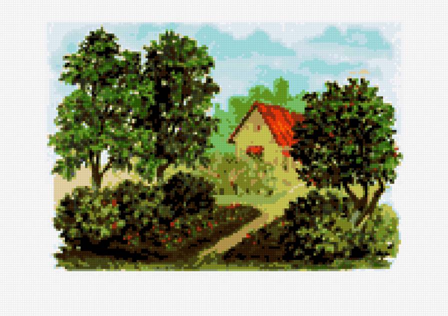 домик в саду - картина деревня пейзаж - предпросмотр