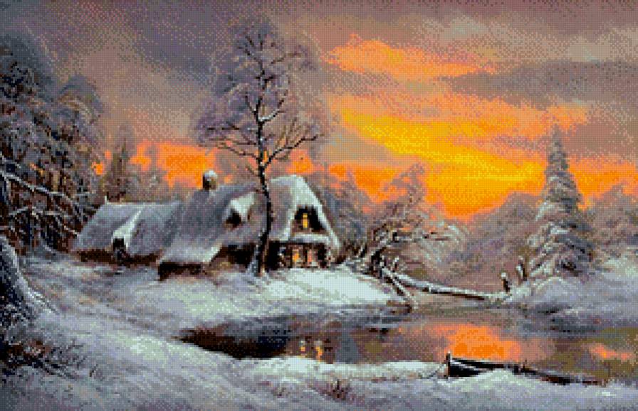 Закат в зимнем лесу - зима, деревня, пейзаж, домик, закат - предпросмотр