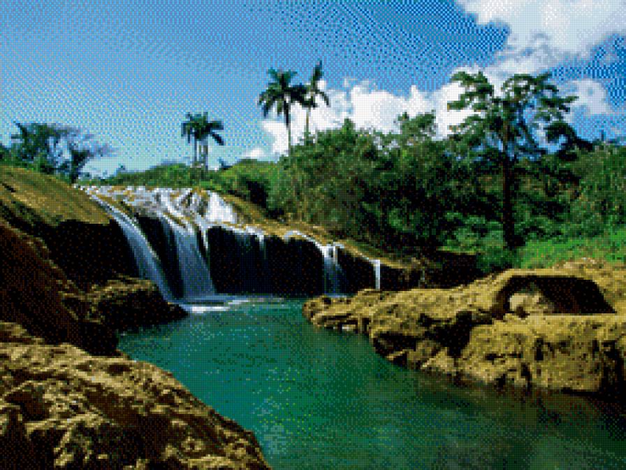 водопад и пальмы - природа, пейзаж, водопад, горы - предпросмотр