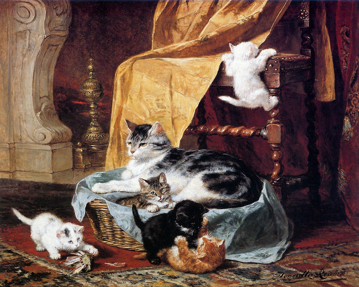 игривые котята - котята, живопись, животные, стул, кошка - оригинал