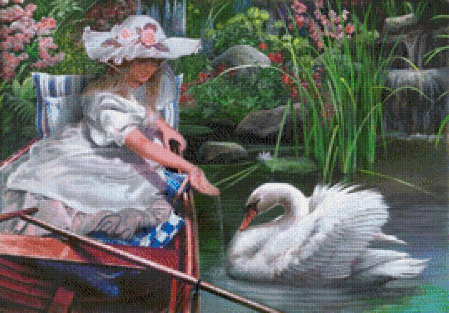 девушка и лебедь - природа, девушка, лодка, шляпка, птицы, люди - предпросмотр