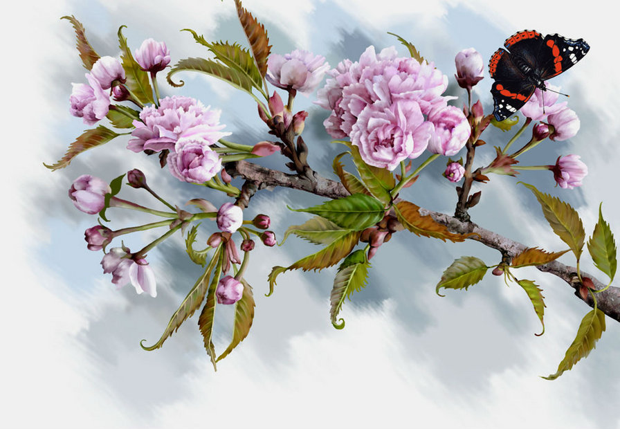 Цветущая ветка - цветок, растение, дерево, бабочка, цветы - оригинал