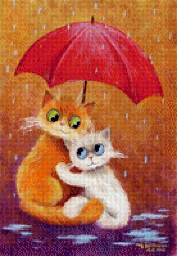 кошки - зонт, животные, пара, кошки - предпросмотр