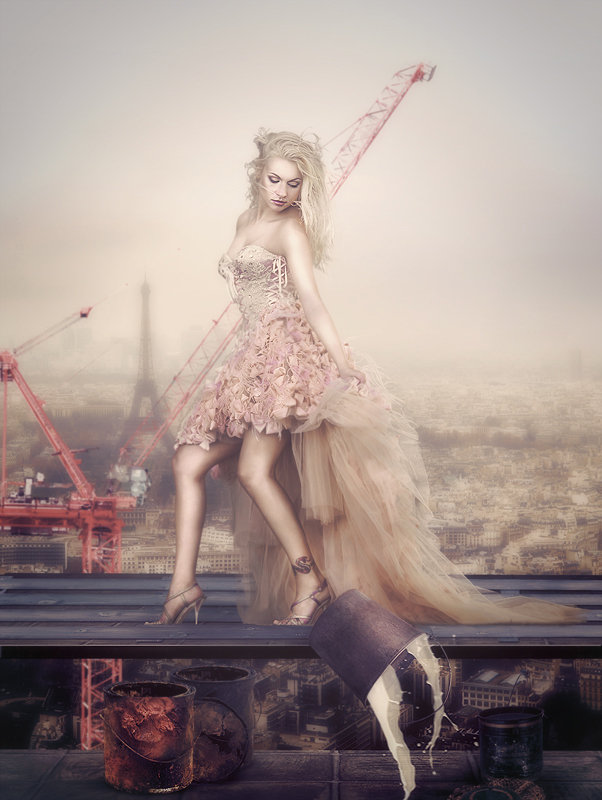 Париж - эйфелева башня, краска, девушка, париж, стройка - оригинал