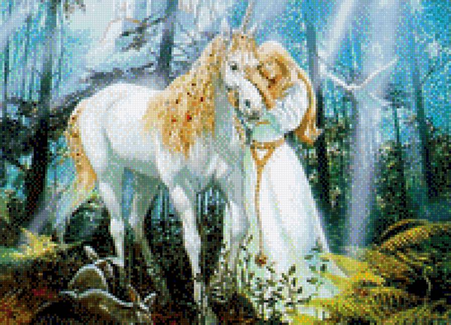 принцесса и единорог - лошади, картина, лошадь, женщина, фэнтэзи, женщины, картины - предпросмотр