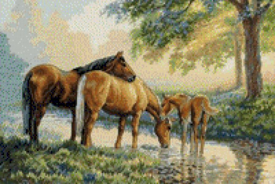 лошади на водопое - лошади, пейзаж, картины, природа, картина - предпросмотр