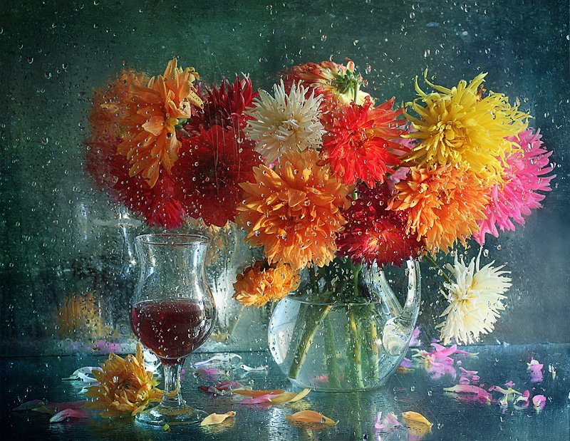 Серия "Цветы под дождем" - цветы, георгины, букет - оригинал