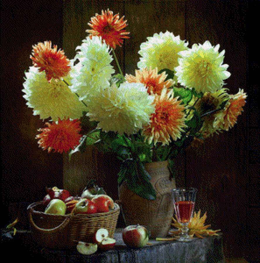 №440970 - яблоки, натюрморт, букет, георгины, цветы - предпросмотр