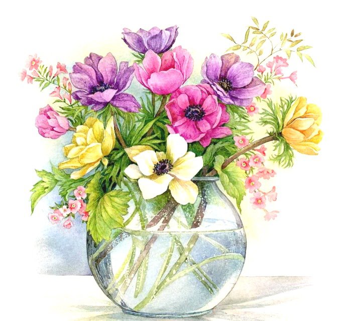 Букет анемонов - нежные акварели, анемоны, цветы, акварель, букет - оригинал
