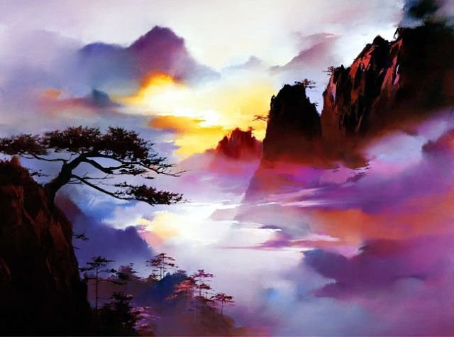 Художник Hong Leung - закат, восход, картина, горы, природа, живопись, ручей - оригинал