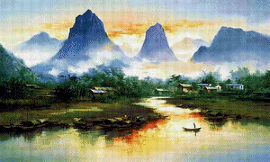 Художник Hong Leung - живопись, рассвет, закат, картина, природа, горы - предпросмотр