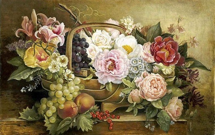 натюрморт с цветами и виноградом - натюрморт - оригинал