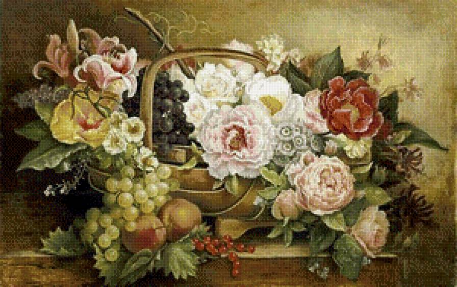натюрморт с цветами и виноградом - натюрморт - предпросмотр