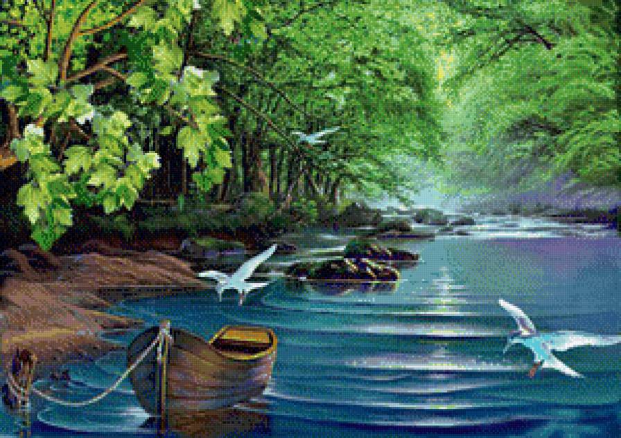 тихая заводь - пейзаж, река, лес, лодка, лето - предпросмотр