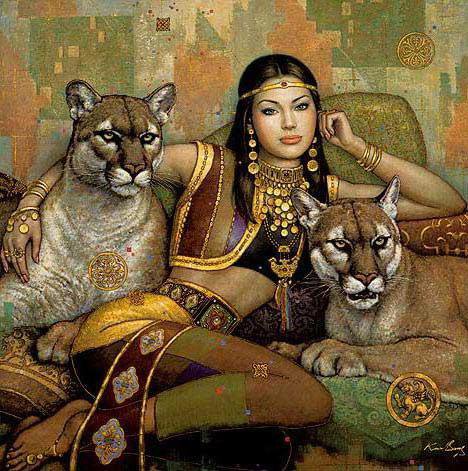 девушка и пумы - животные, египет, пумы, девушка - оригинал