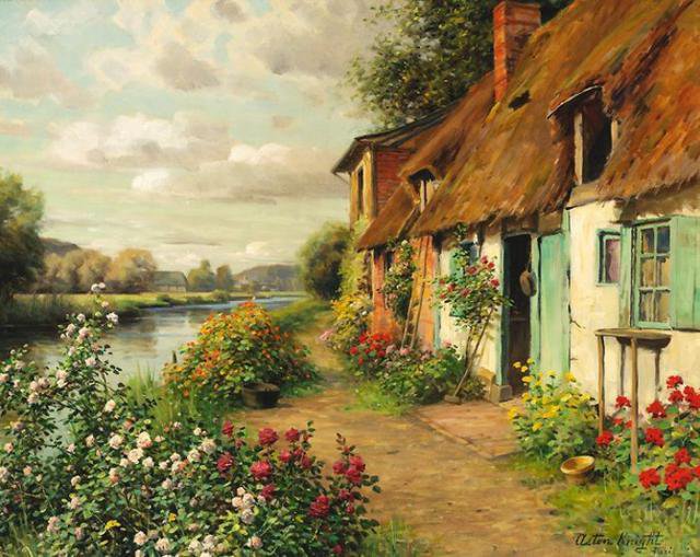 Домик в деревне - река, домик, живопись, розы - оригинал