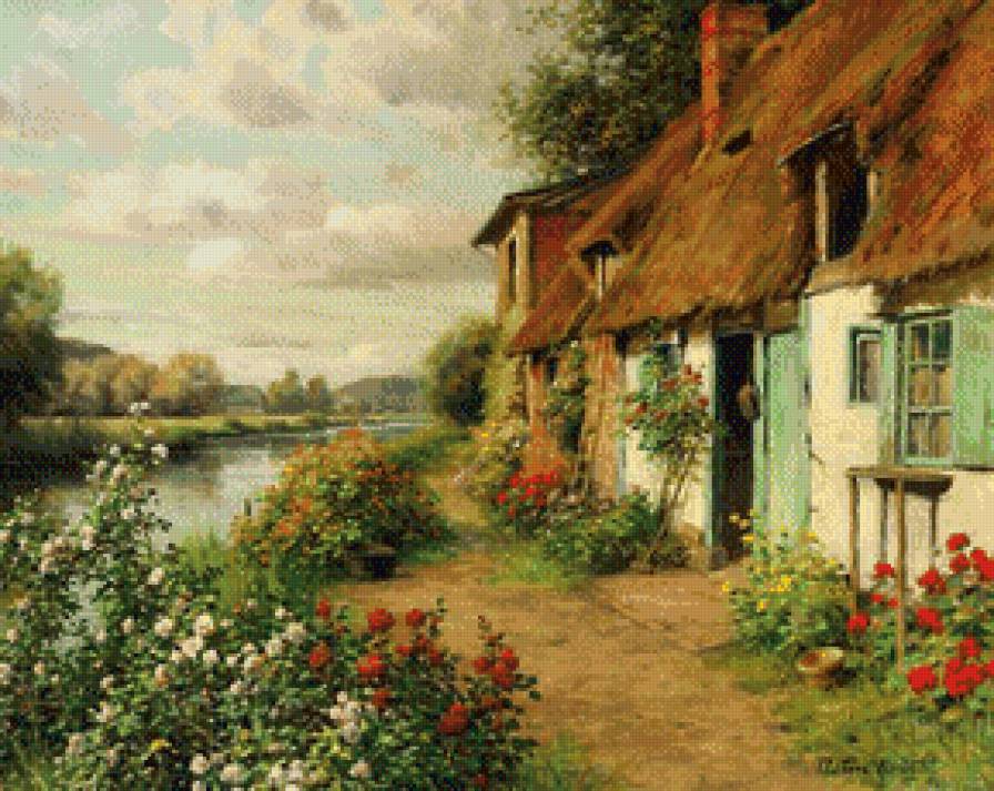 Домик в деревне - розы, живопись, домик, река - предпросмотр