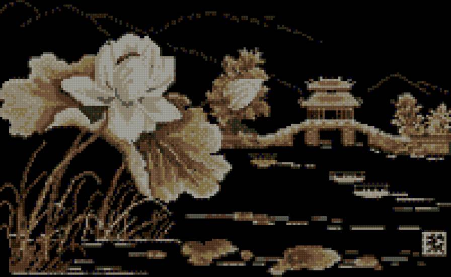 лотос,пагода на черном фоне - цветы, пейзаж - предпросмотр