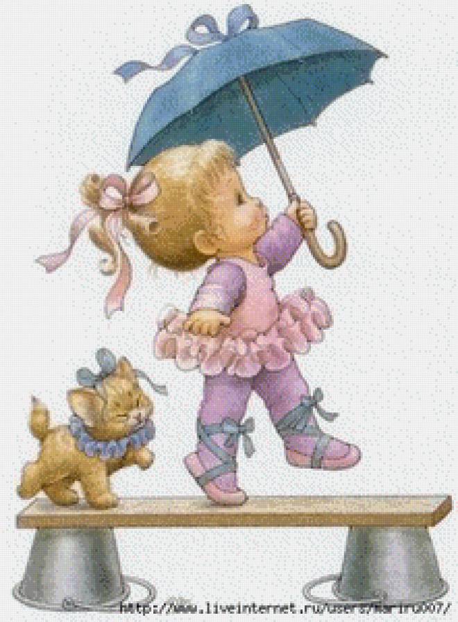 дождик - дети, кот, зонтик, прогулка - предпросмотр
