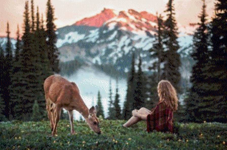 Мечта - животное, горы, девушка, лес, природа, олень, человек - предпросмотр