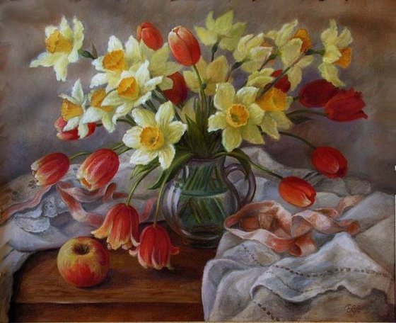 Весенний букет - натюрморт, живопись, букет, цветы, тюльпаны, нарциссы - оригинал