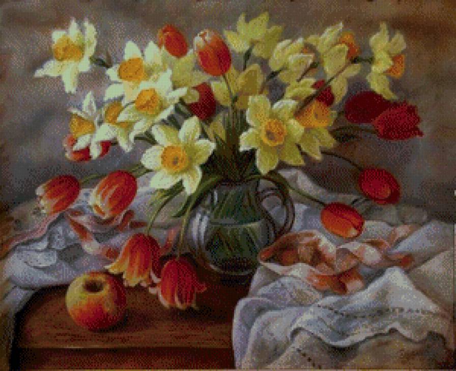 Весенний букет - букет, цветы, натюрморт, тюльпаны, нарциссы, живопись - предпросмотр