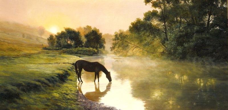 Вечерний туман - пейзаж, река, лето, лес, лошадь, туман - оригинал