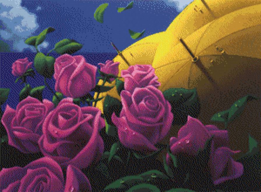 букет роз - цветы, дождь, натюрморт, зонт, букет, розы - предпросмотр