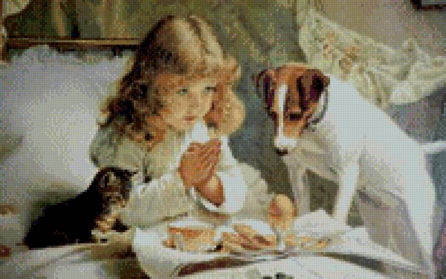 Молитва перед завтраком - девочка, животные, дети - предпросмотр